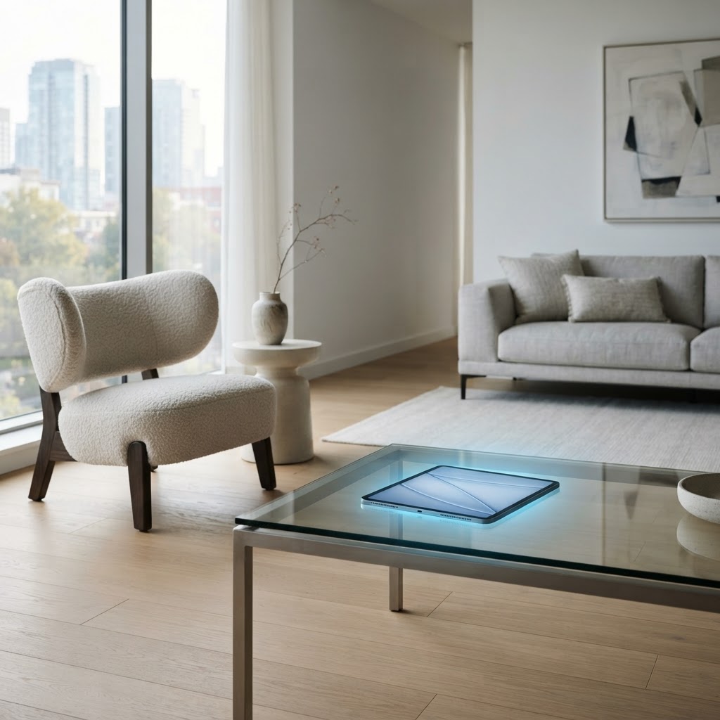 A modern, high-end rental property interior with a tablet displaying a professional digital inspection form on a coffee table.