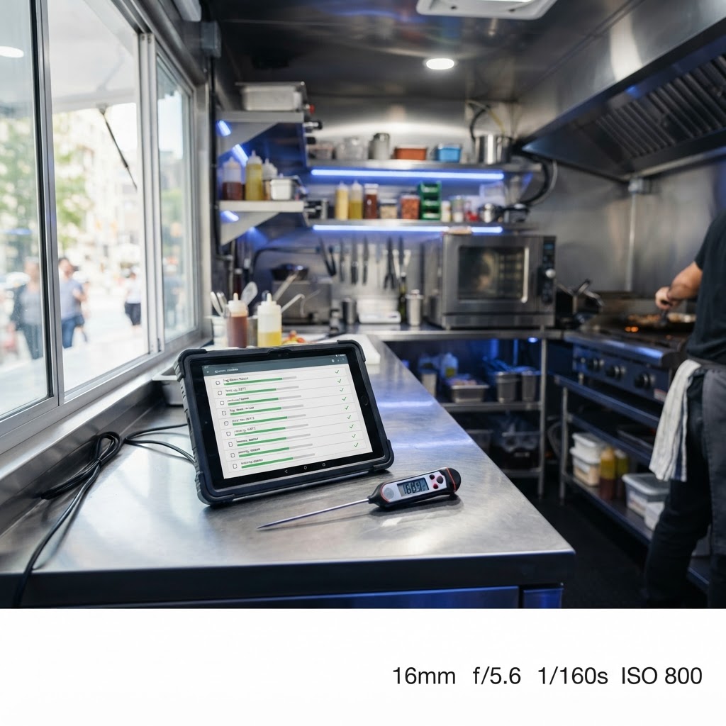 A stainless steel kitchen counter with a tablet displaying a digital form and a food thermometer, representing a professional food safety workflow.