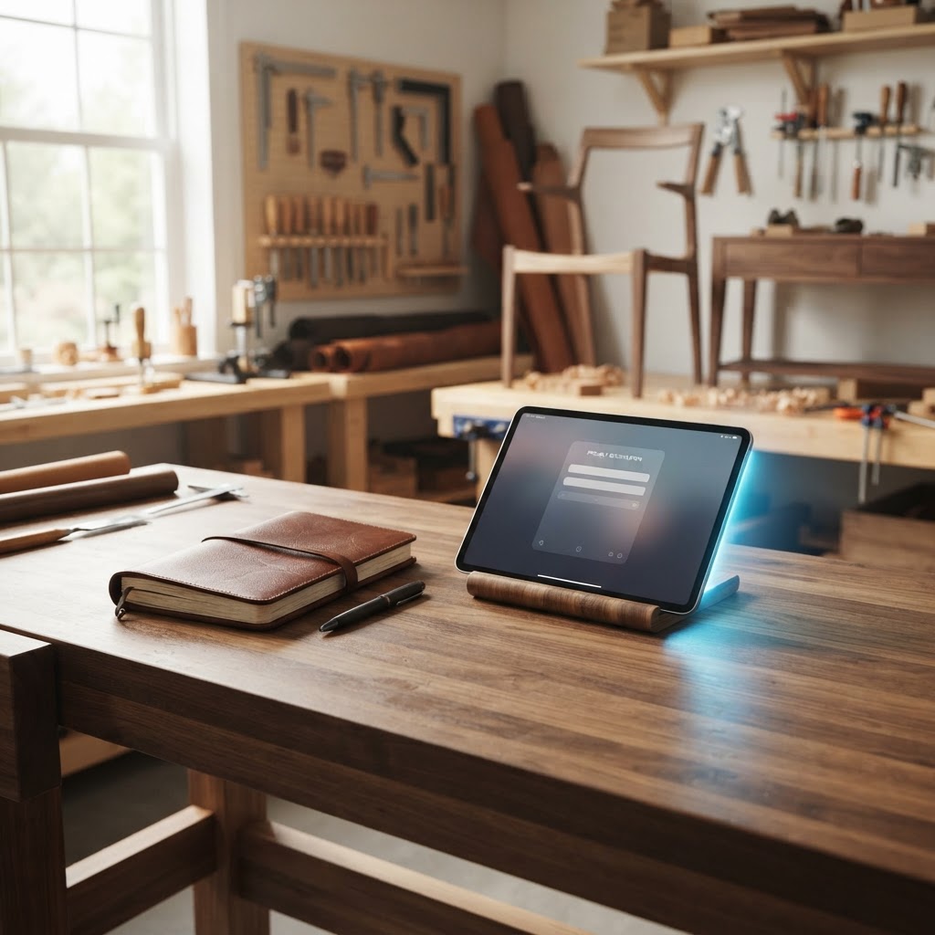 Close-up of a digital tablet on a wooden workshop bench used for custom furniture project management.
