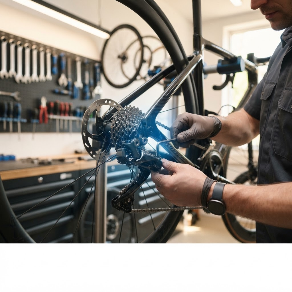 Close-up of a bicycle mechanic adjusting a derailleur in a professional, modern workshop with subtle blue lighting accents.