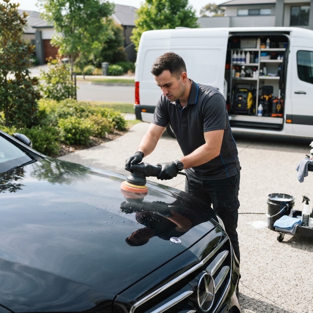 Mobile auto detailer polishing a car in a driveway with a supply van nearby