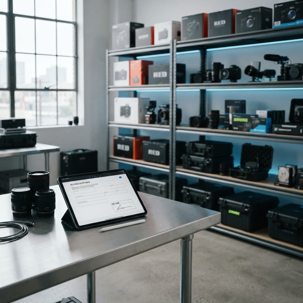 A tablet with a digital signature form on a table next to professional equipment in an organized warehouse setting.