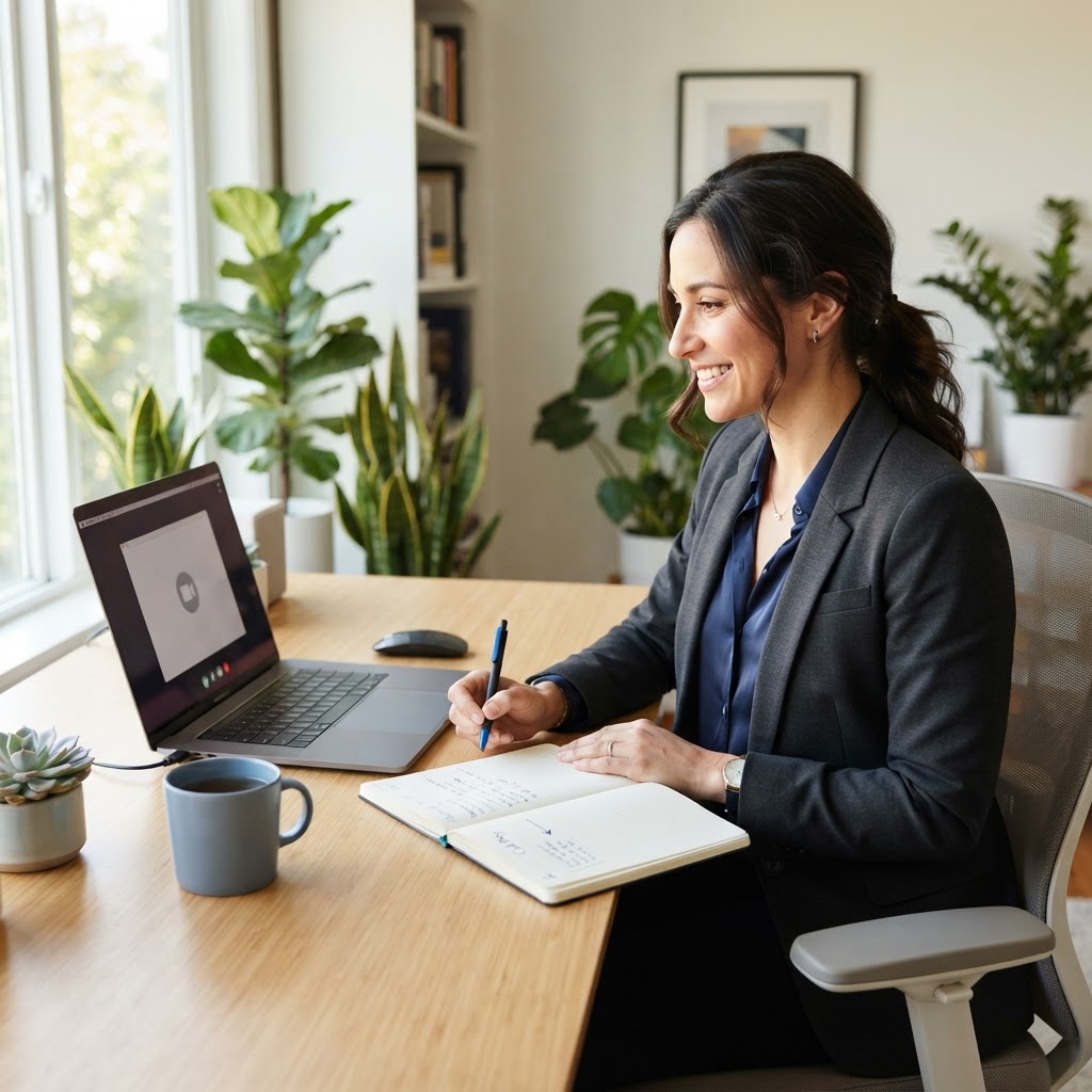 Professional consultant preparing for a paid client video call at a clean desk in a bright home office
