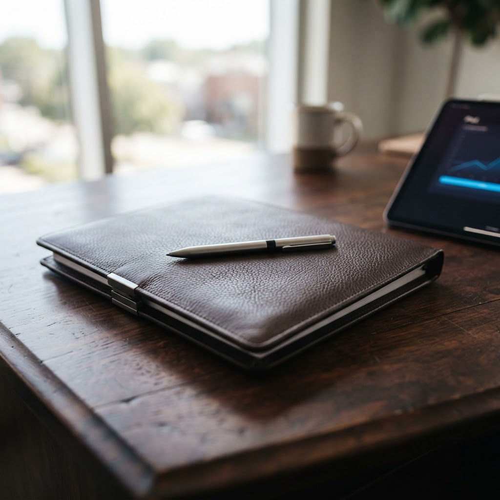 Close-up of professional legal documents in a leather folder on a dark desk with a subtle blue light accent.