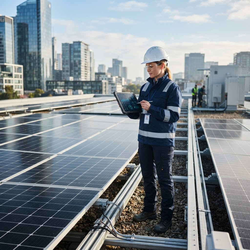 Professional solar auditor checking equipment on a residential roof using a tablet for compliance reporting.
