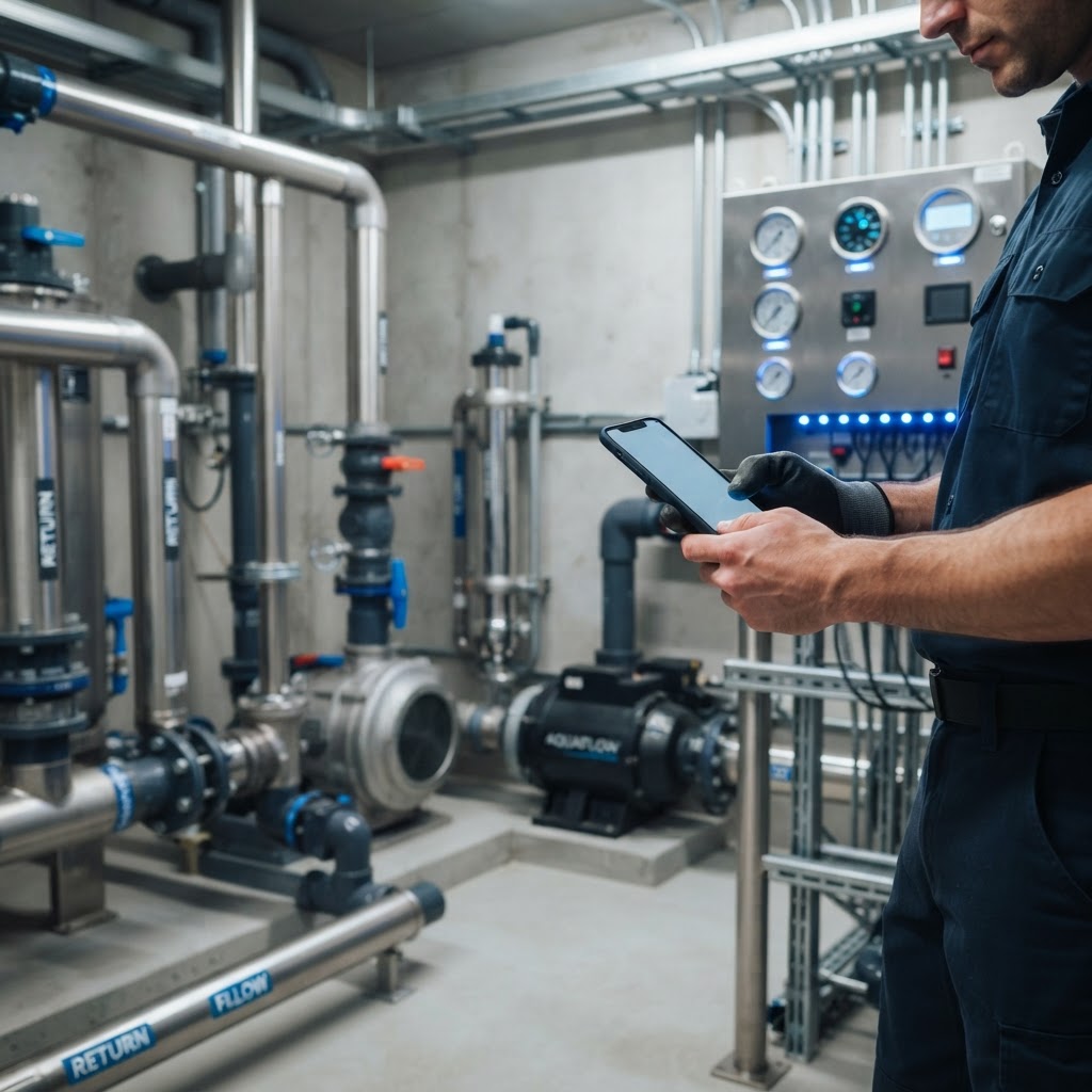 A technician using a smartphone to record data in a professional commercial pool equipment room with modern plumbing and equipment.