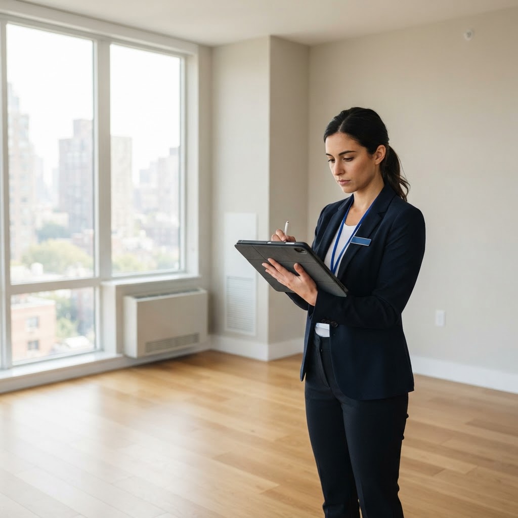 Person inspecting an empty modern apartment with a tablet to document move-in condition