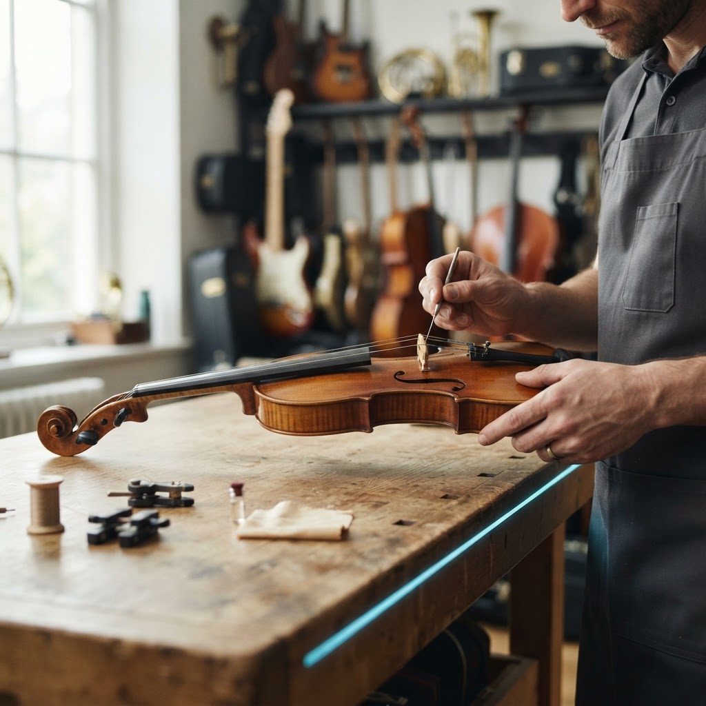 A close-up shot of a violin on a wooden workbench being inspected as part of a professional inventory management workflow.