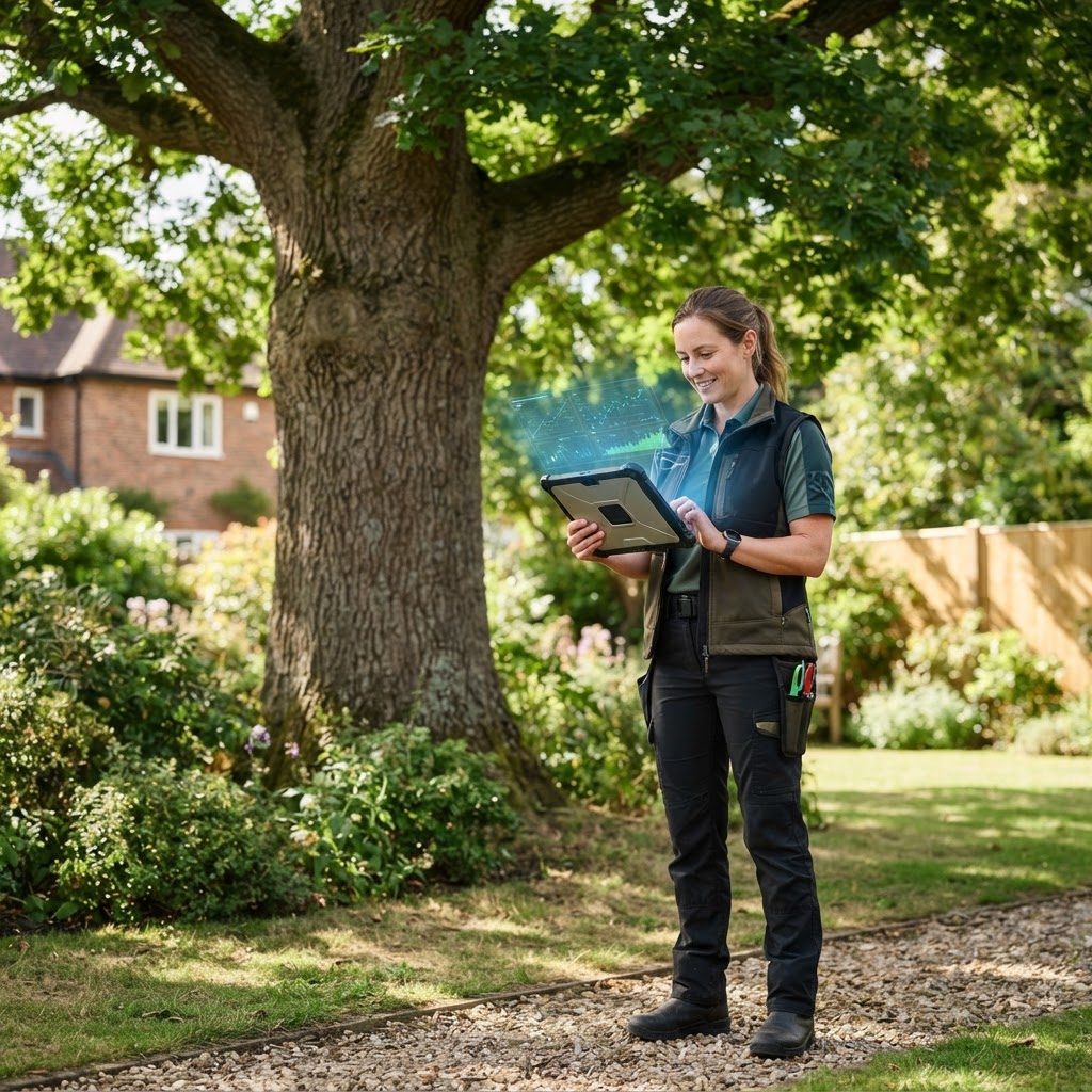 An arborist using a digital tablet to perform a tree inspection in a residential backyard.