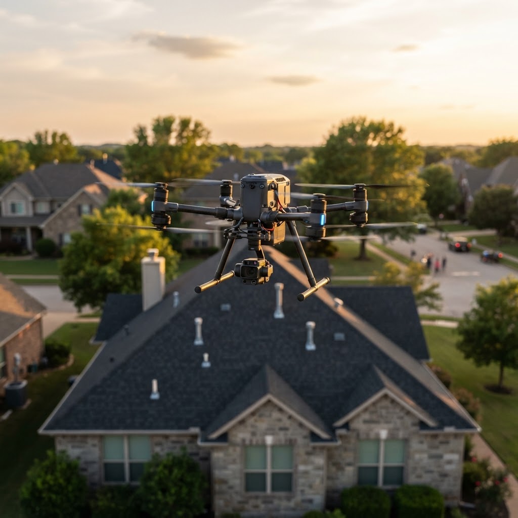 A professional drone performing a roof inspection on a residential property.