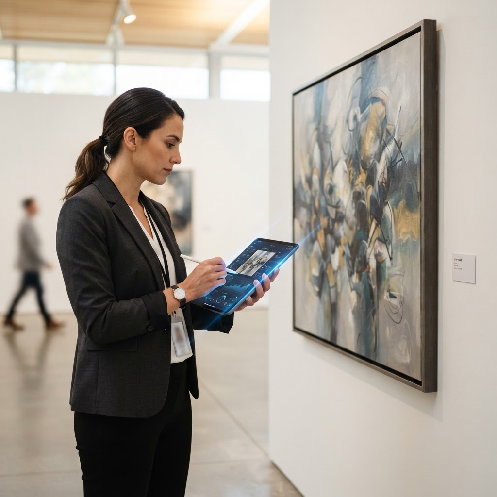 A professional art specialist using a digital tablet to document the condition of a piece of fine art in a gallery setting.