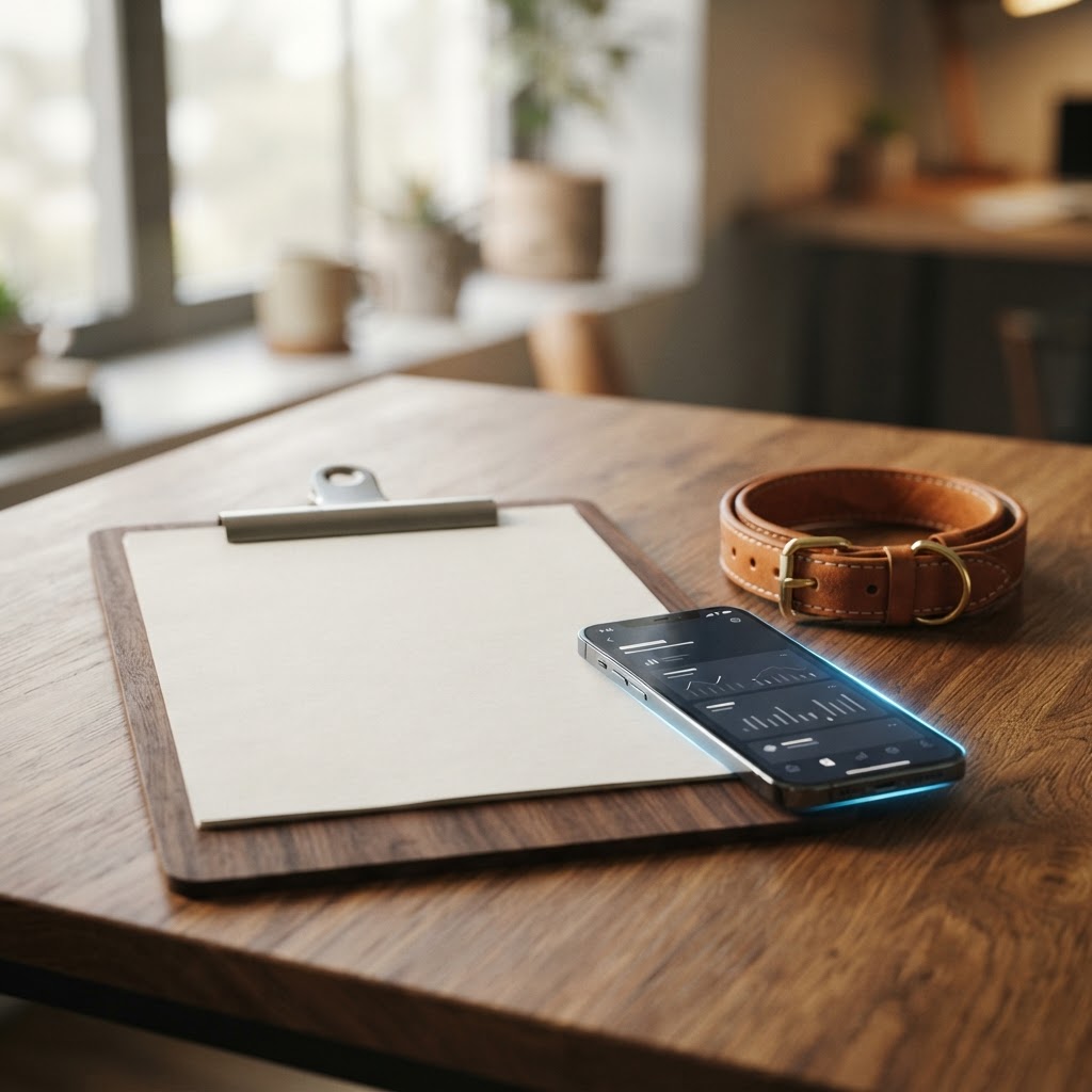 A clipboard, pet collar, and smartphone on a desk representing a professional pet care documentation business.