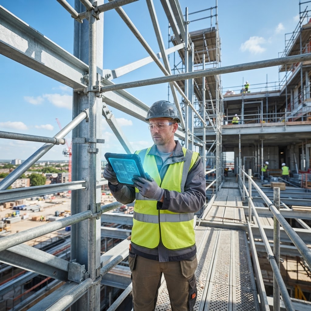 A construction worker inspecting a scaffold structure while holding a tablet displaying a professional digital safety interface.