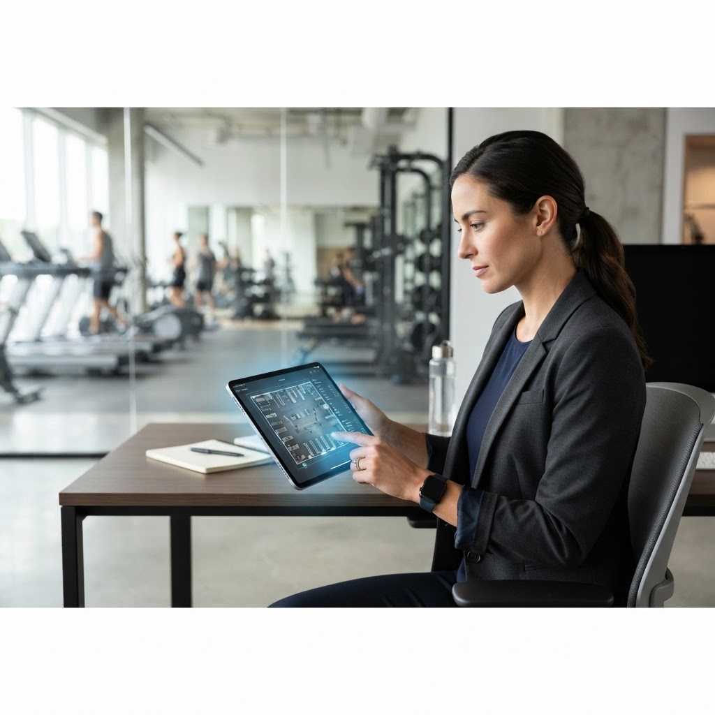 A fitness facility inspector using a tablet to conduct a professional safety audit inside a modern gym studio.