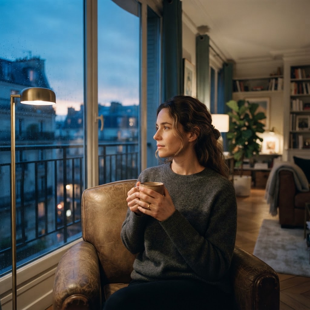 Une femme assise près d'une fenêtre au crépuscule, pensive