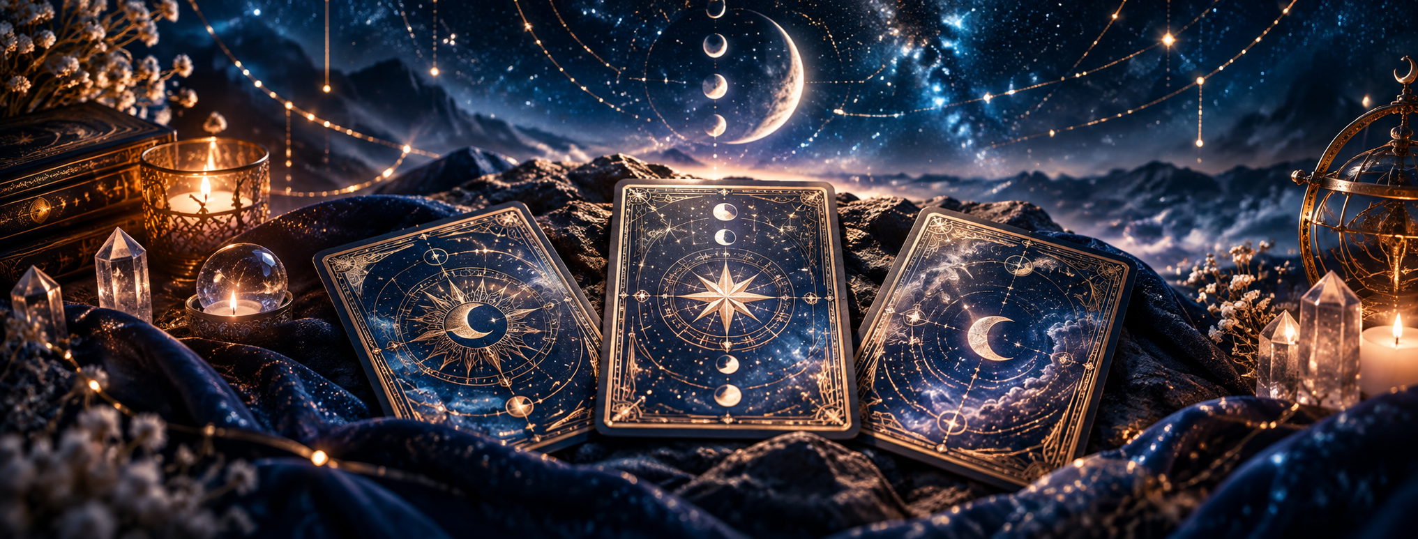 Trois cartes de tarot dorées entourées de cristaux et de bougies sous un croissant de lune