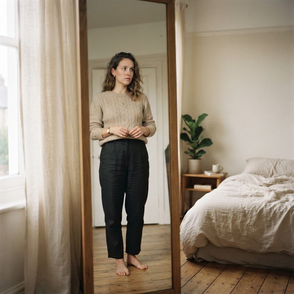 Une jeune femme debout devant un miroir dans la lumière douce du matin