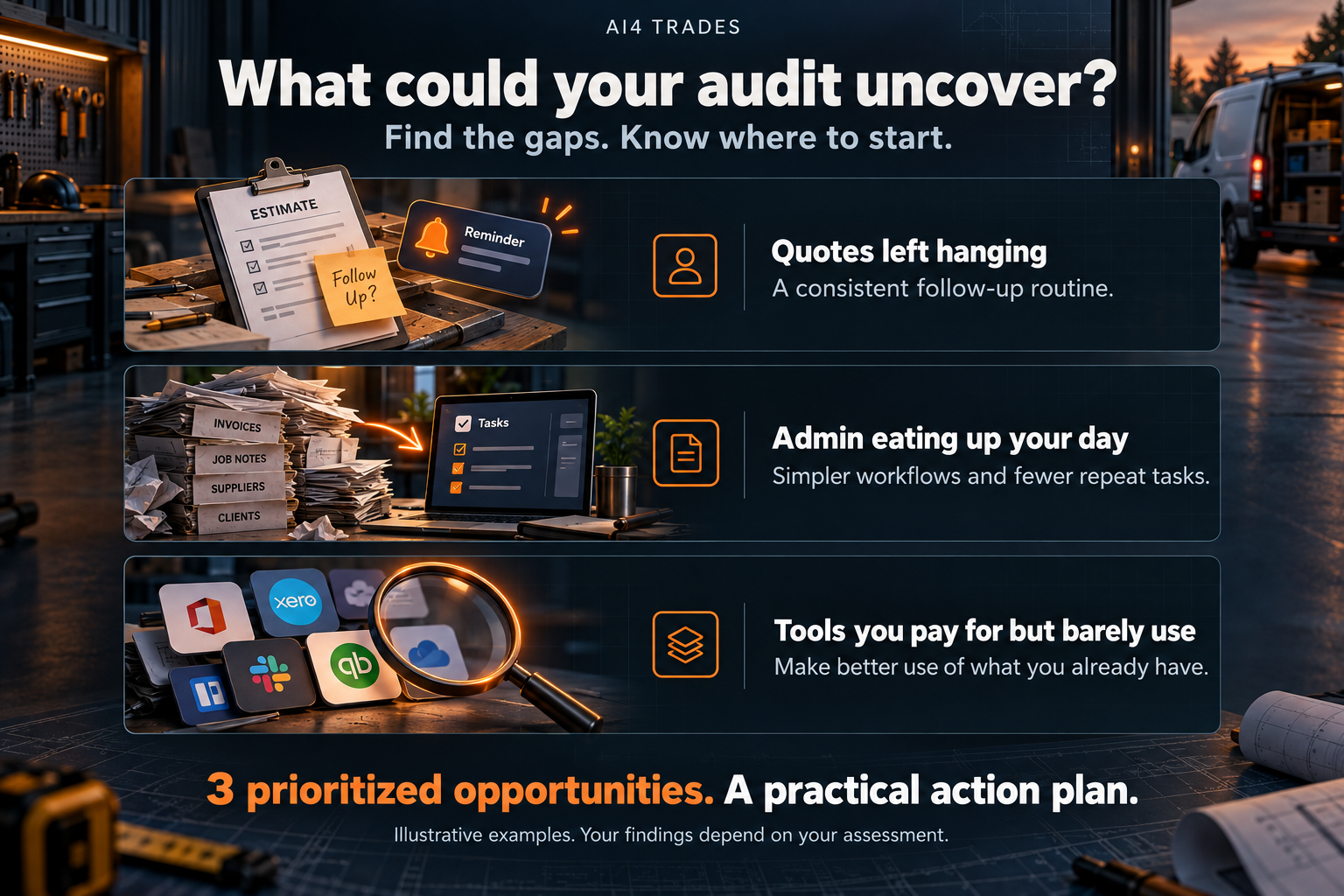 Examples of what an AI4 Trades Revenue Leak Audit could uncover: inconsistent quote follow-up, time-consuming admin, and underused software, with practical next steps and three prioritized opportunities.
