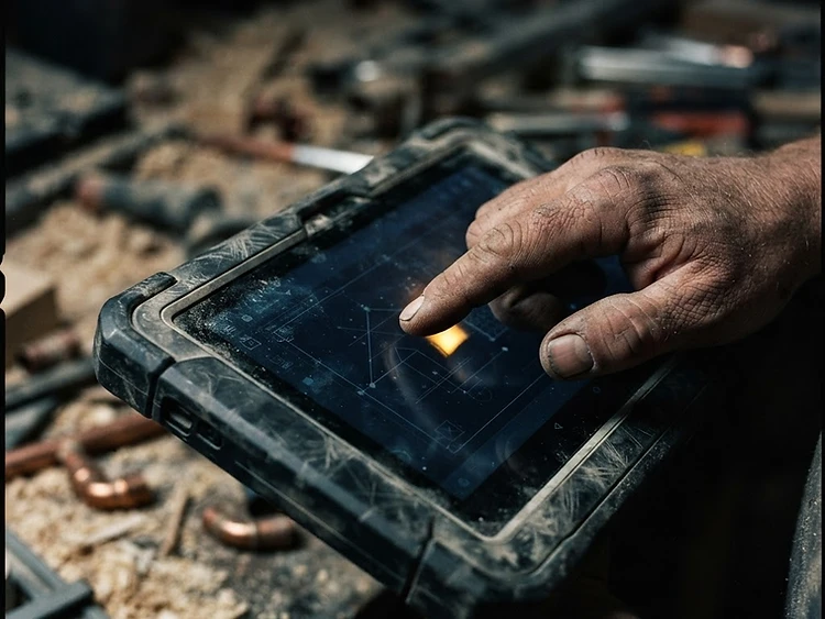 Contractor using tablet on job site