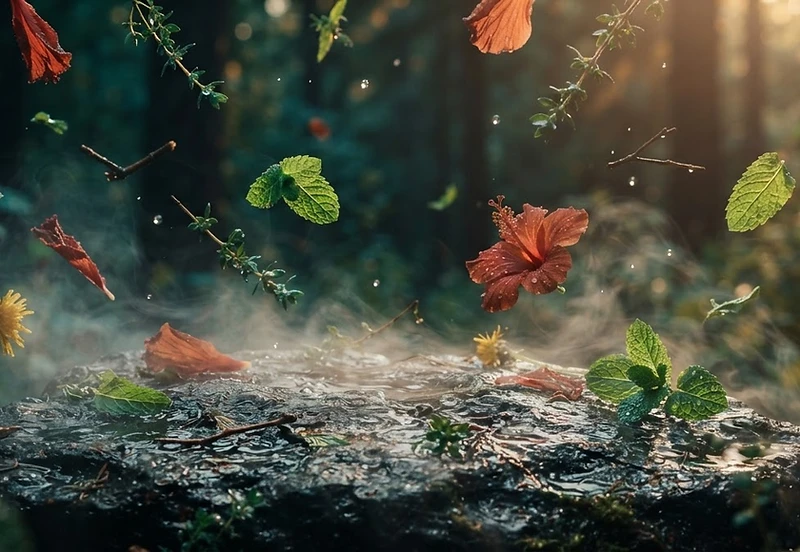 Botanical wellness scene with floating herbal leaves and petals