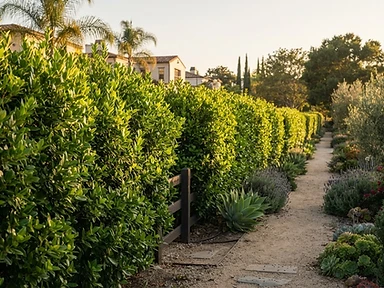 Property-line screening landscape with privacy hedges