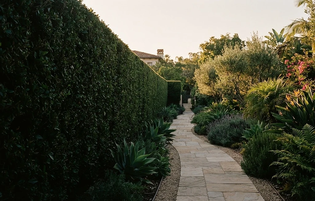 Established living privacy hedge along a garden path