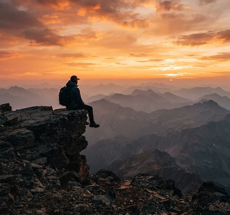 Sunset over a mountain range, seen from a ledge