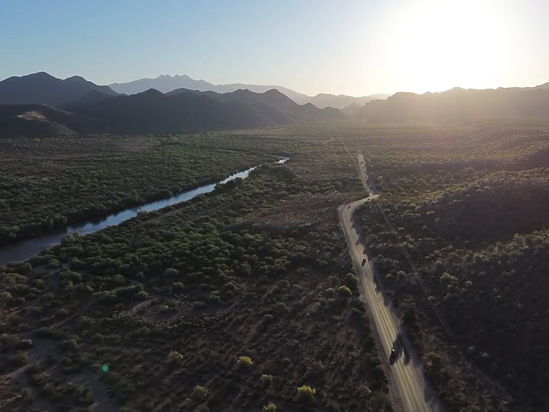 Aerial view of the Tonto National Forest at golden hour