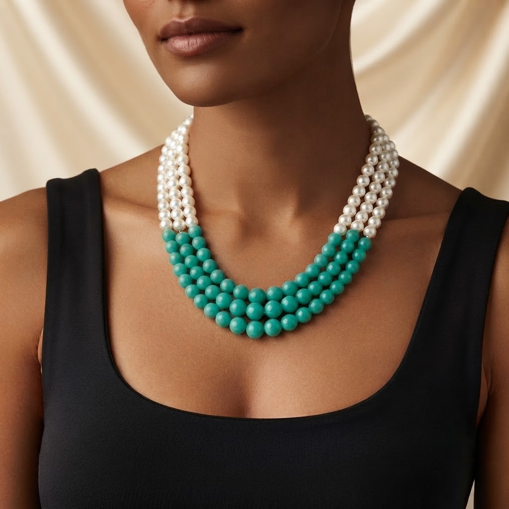 Turquoise & Pearl Three-Strand Necklace worn