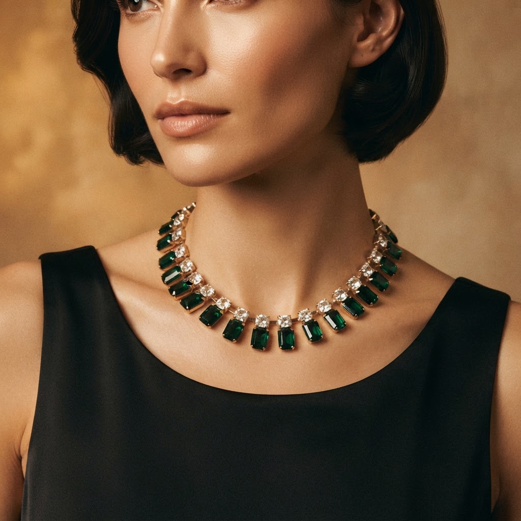 Emerald Green Crystal Collar Necklace worn
