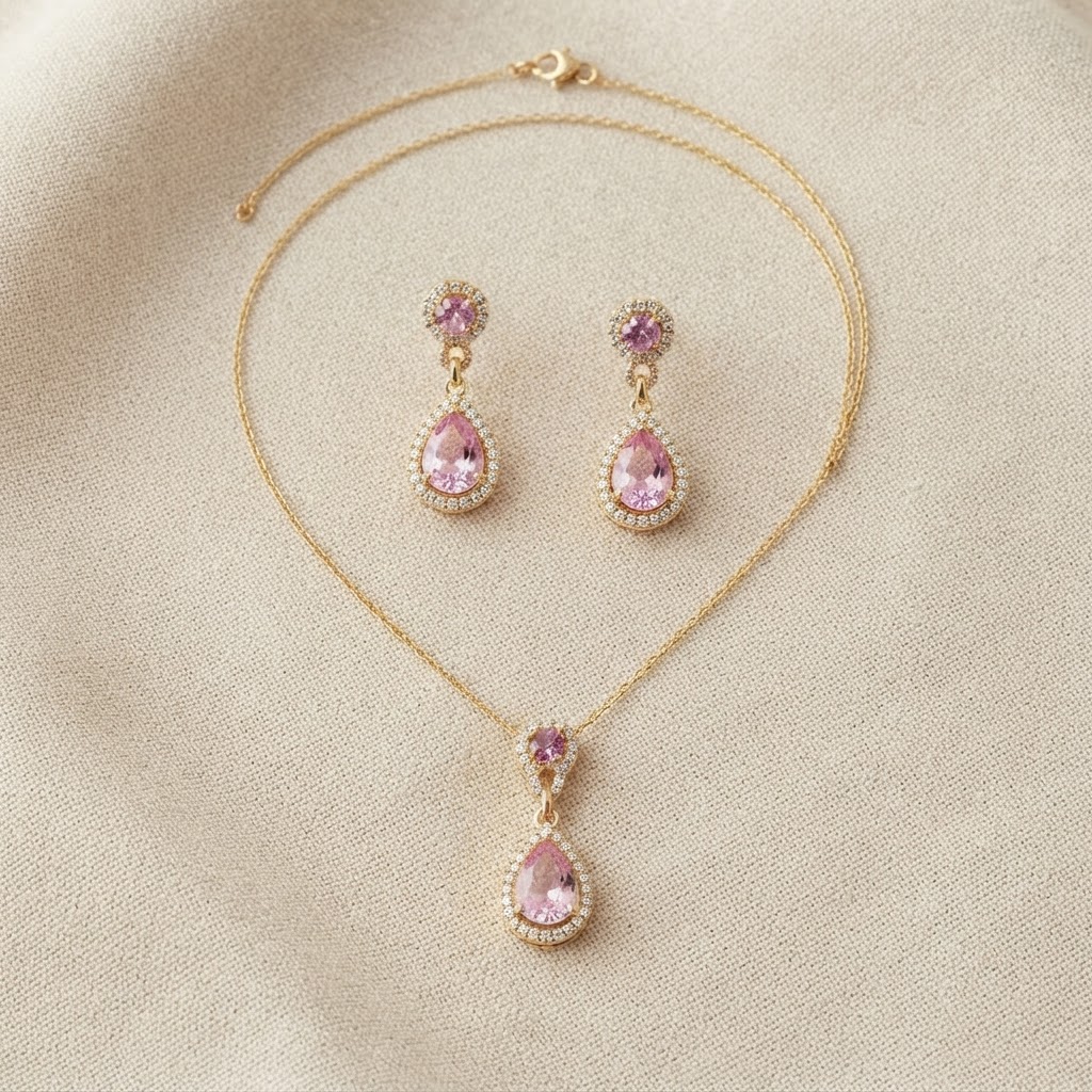Pink Pear Halo Necklace & Earring Set