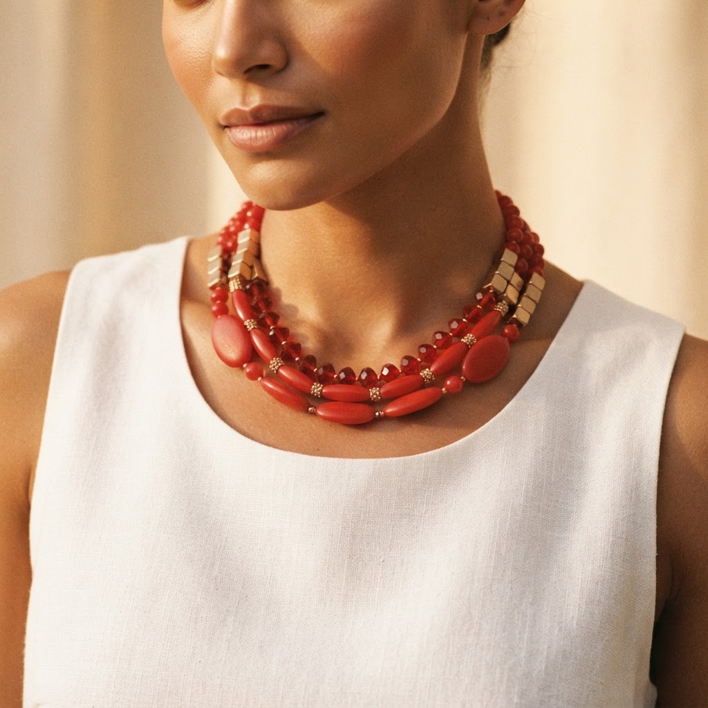 Red Coral-Tone Triple Strand Necklace worn