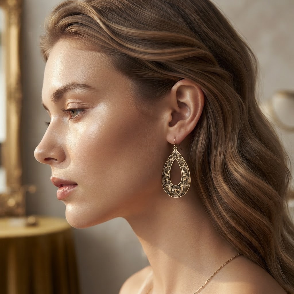 Antiqued Gold Filigree Teardrop Earrings worn