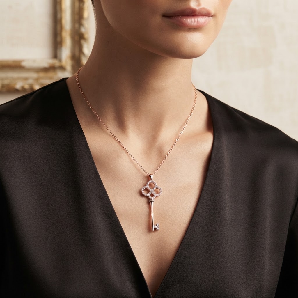 Rose Gold Crystal Key Pendant worn