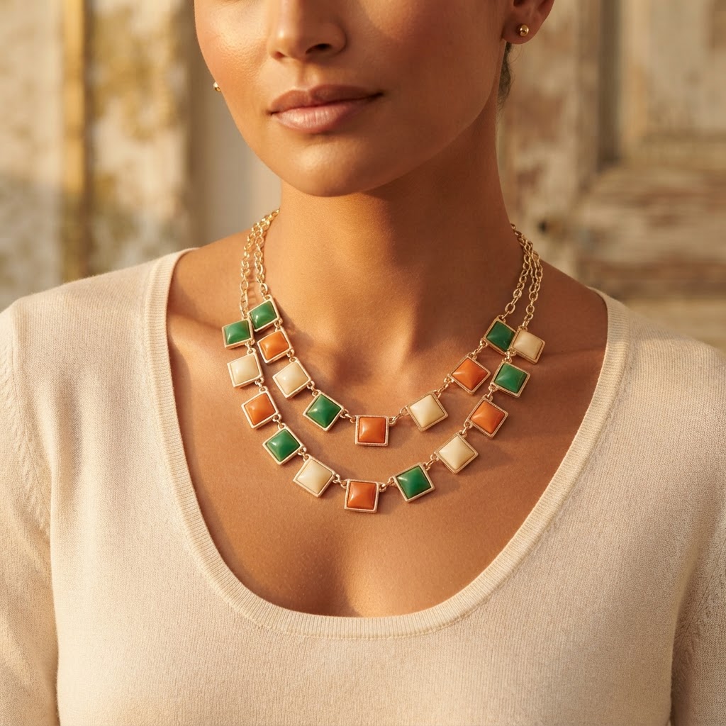 Tri-Color Cabochon Double Chain Necklace worn