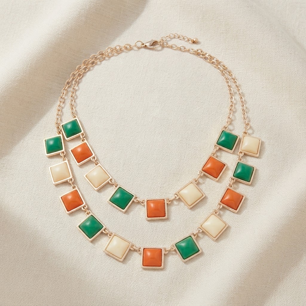 Tri-Color Cabochon Double Chain Necklace