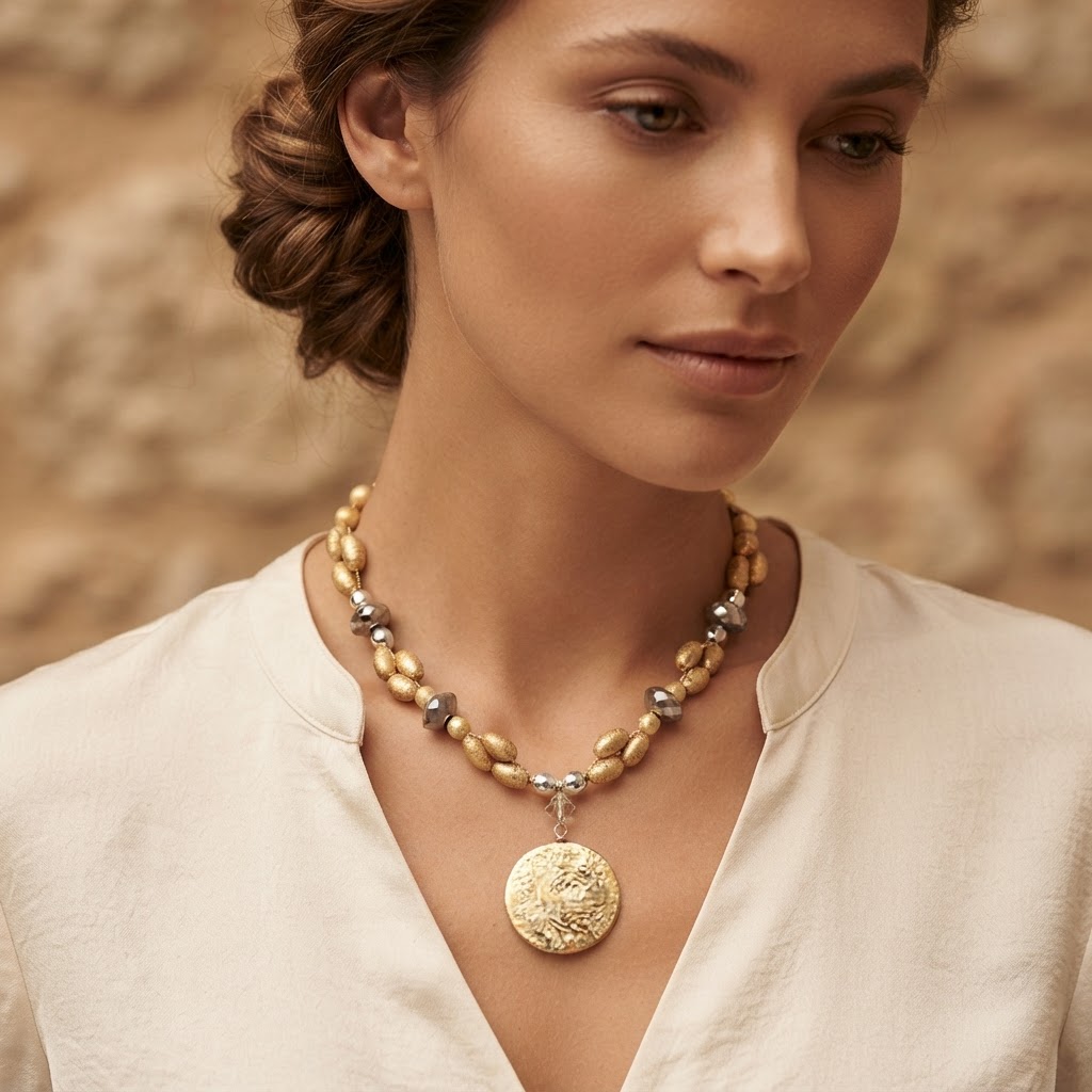 Textured Gold Disc Beaded Pendant worn