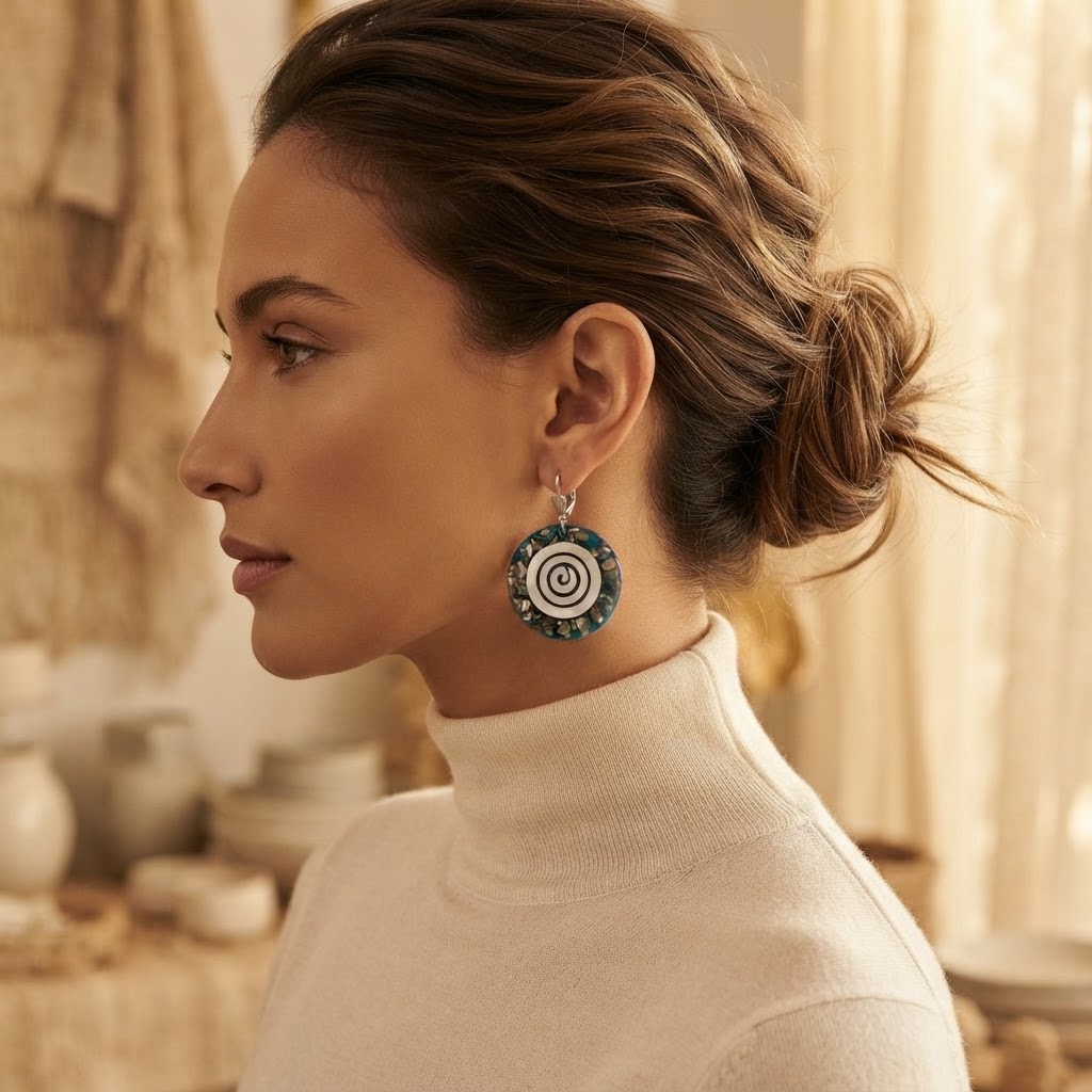 Mother-of-Pearl Spiral Drop Earrings worn