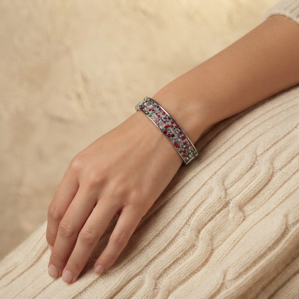 Silver Multicolor Crystal Pavé Bangle worn