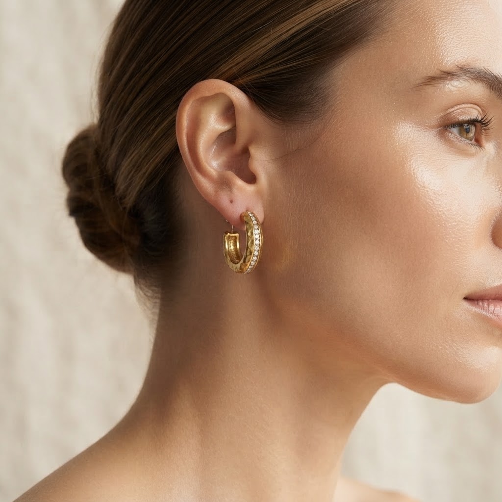 Textured Gold Crystal Hoop Earrings worn