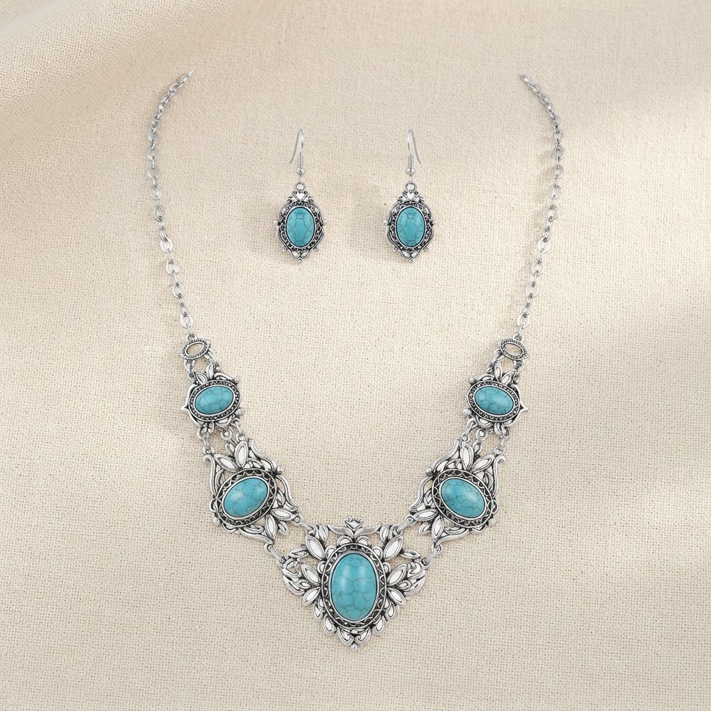 Silver Filigree Turquoise Bib Set