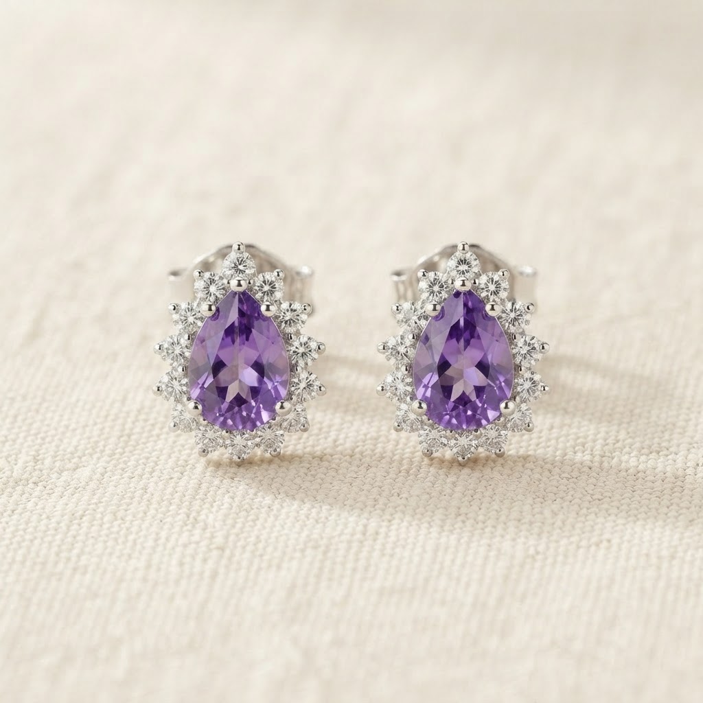 Amethyst Pear Halo Stud Earrings