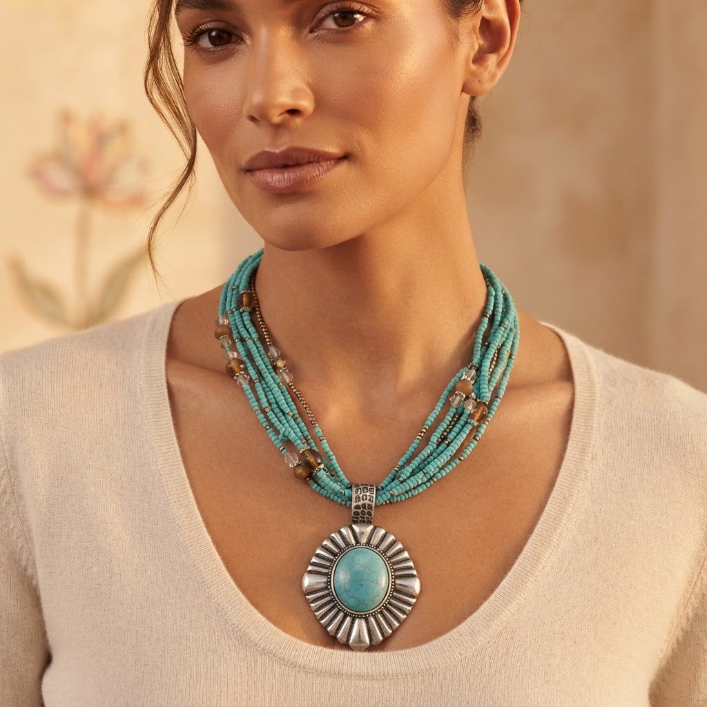 Turquoise Seed Bead Medallion Necklace worn