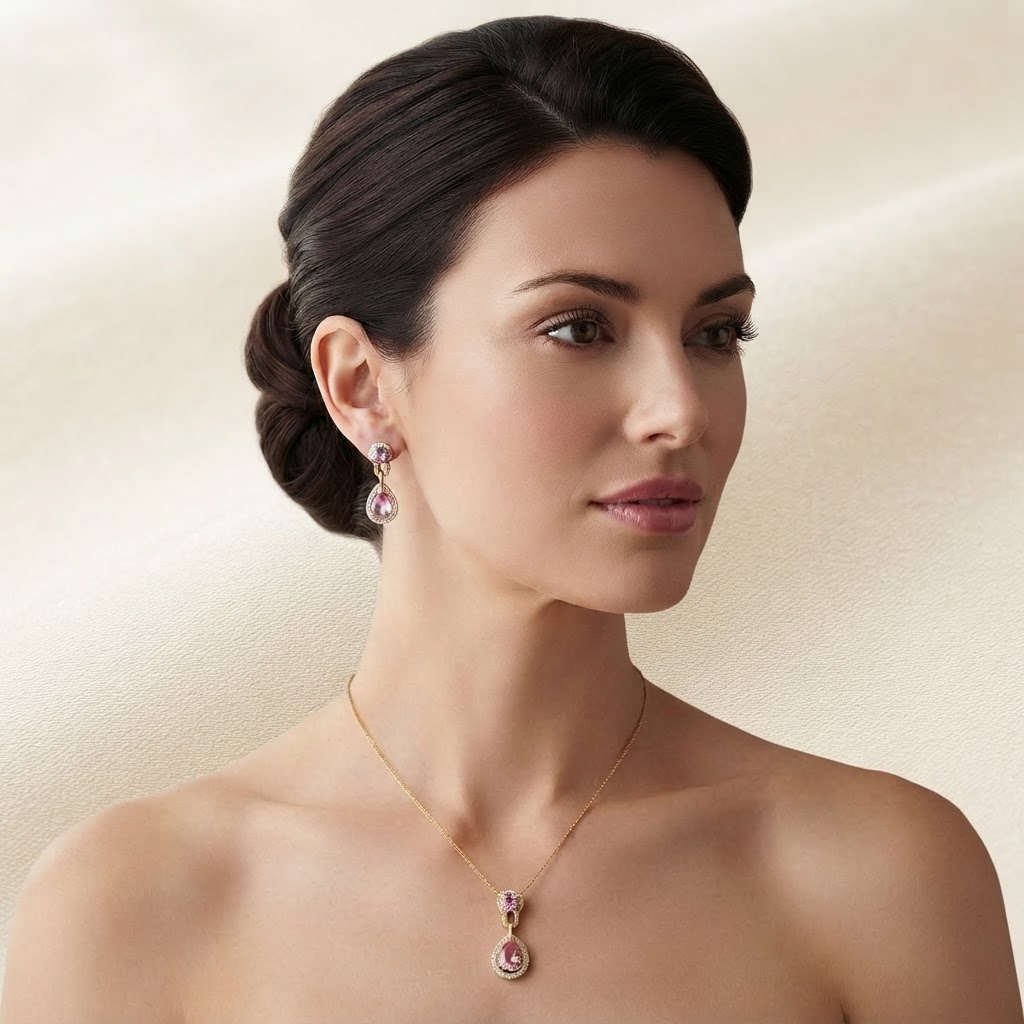 Pink Pear Halo Necklace & Earring Set worn