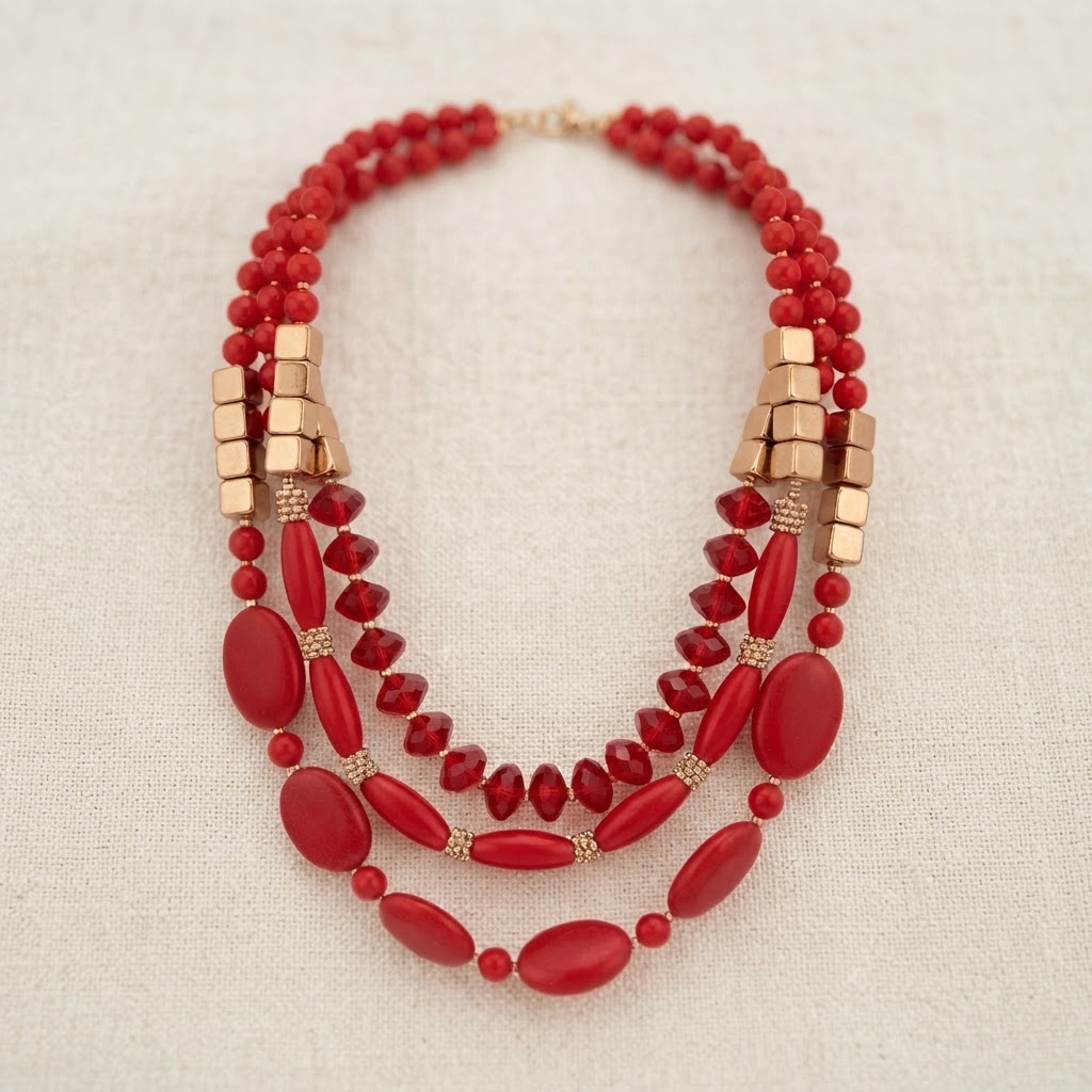 Red Coral-Tone Triple Strand Necklace