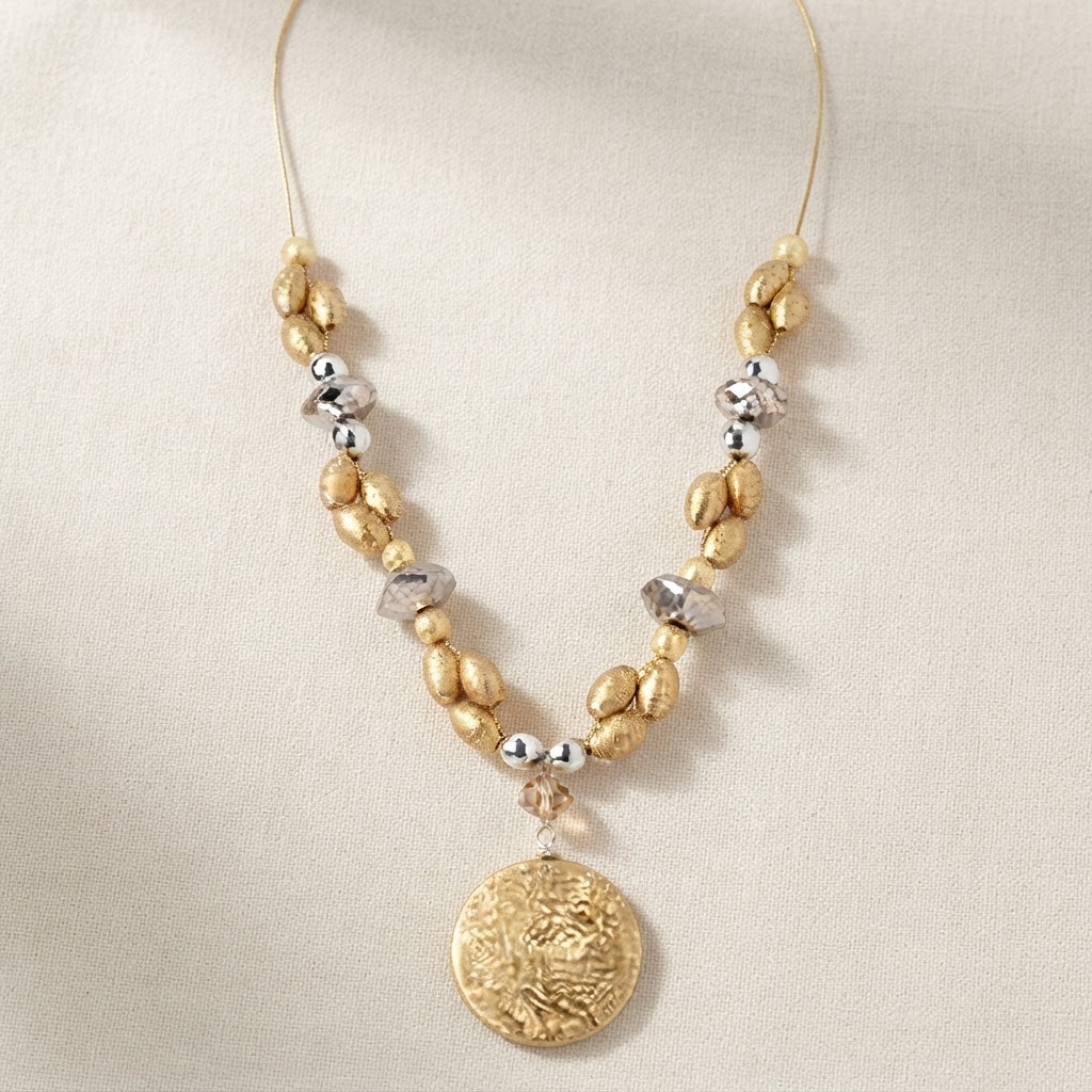 Textured Gold Disc Beaded Pendant