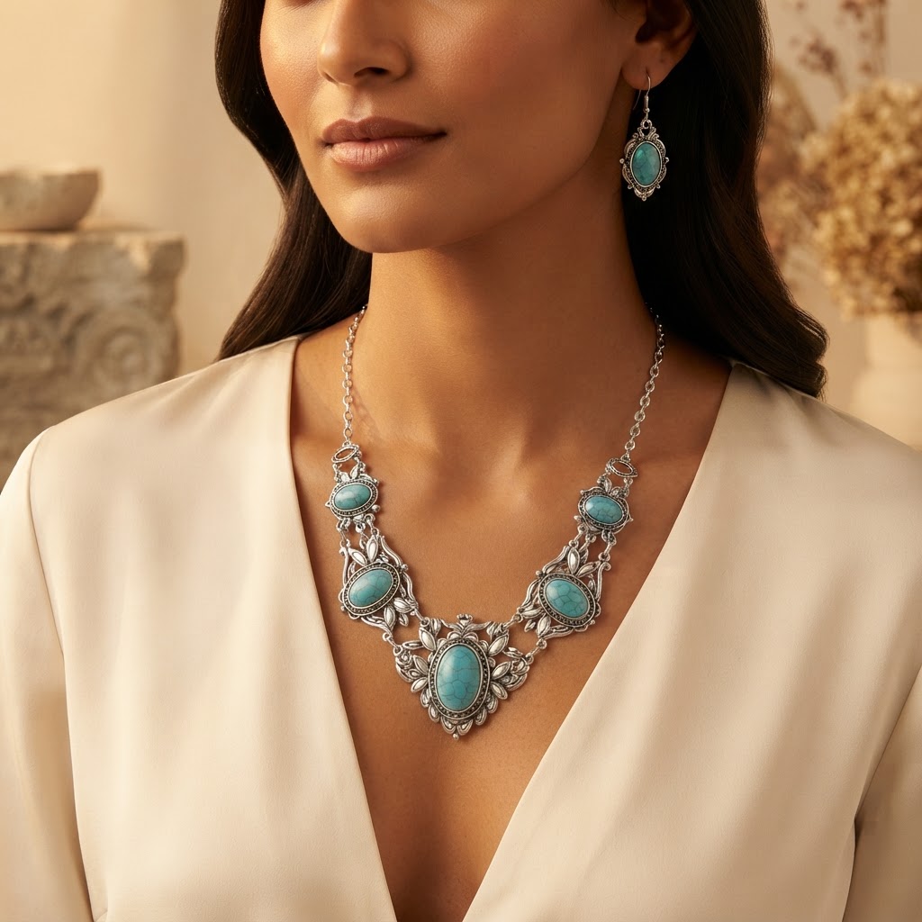 Silver Filigree Turquoise Bib Set worn