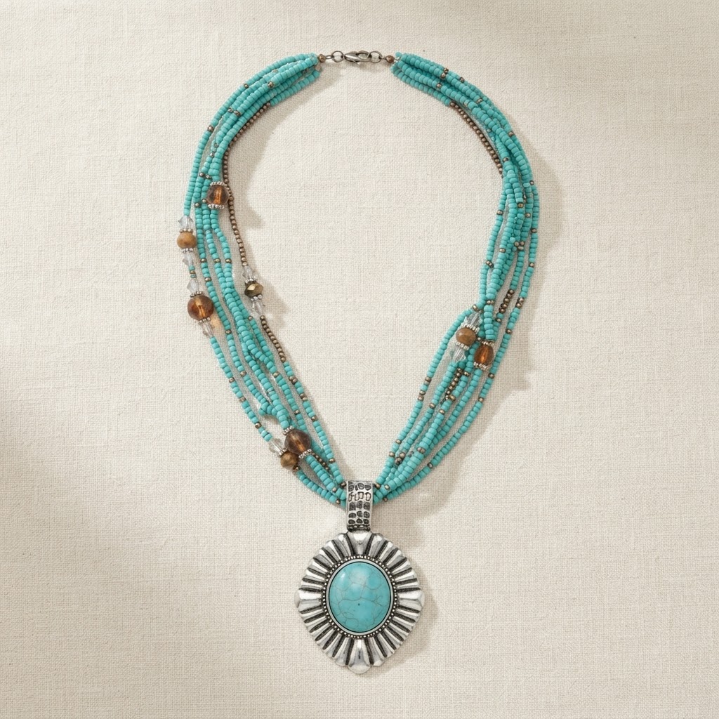 Turquoise Seed Bead Medallion Necklace
