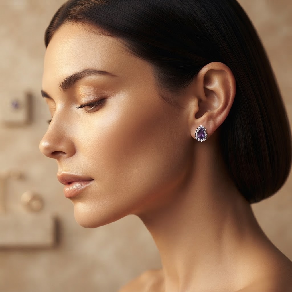 Amethyst Pear Halo Stud Earrings worn