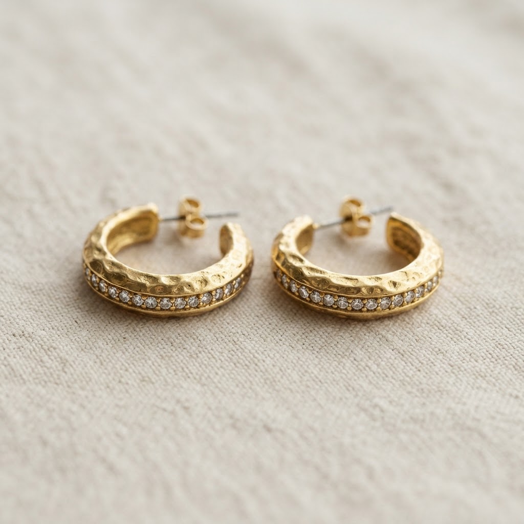 Textured Gold Crystal Hoop Earrings